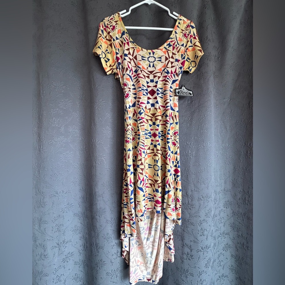 Angie Pink and Yellow High-Low Sundress with Flutter Sleeves